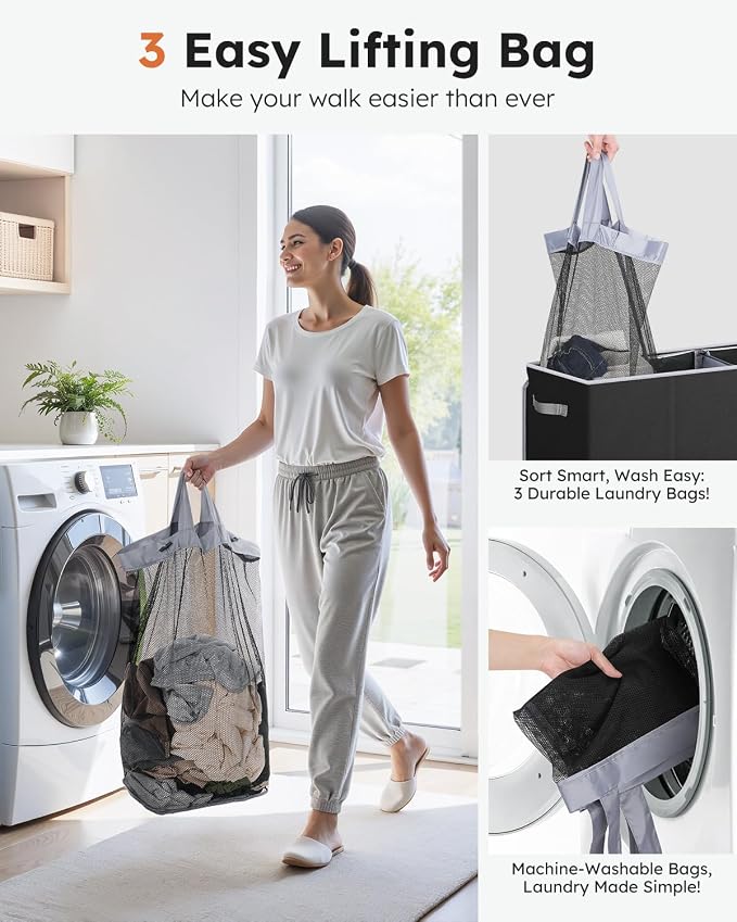 SOLEDI 180L Laundry Hamper 3 Section, Extra Large Laundry Hamper - Image 5