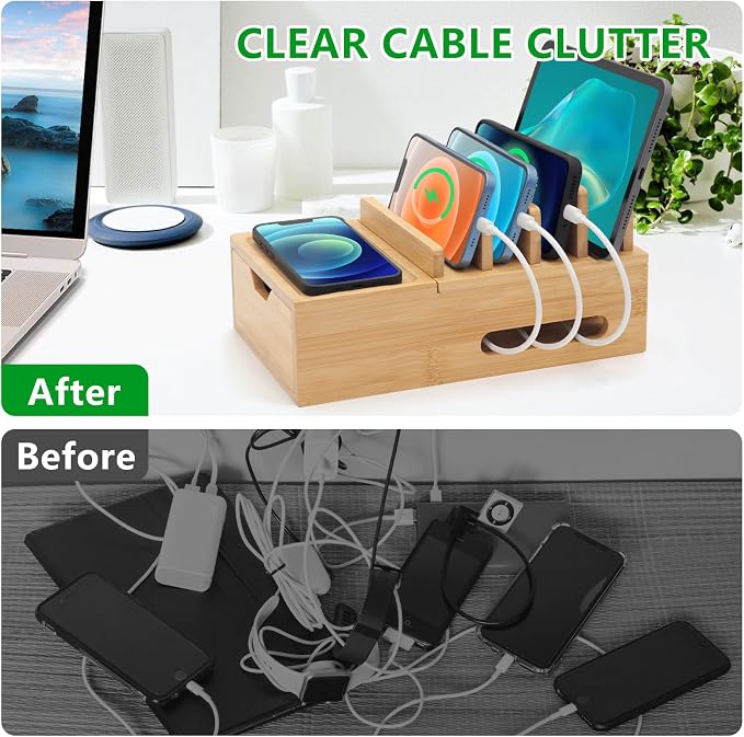 Bamboo Charging Station for Multiple Devices, Desktop Charger Organizer - Image 4