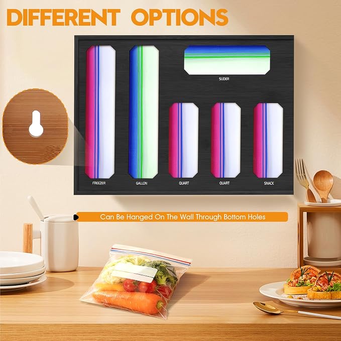 6 in 1 Bamboo Ziploc Bag Storage Organizer, Snack & Freezer Bags, Wall - Image 6