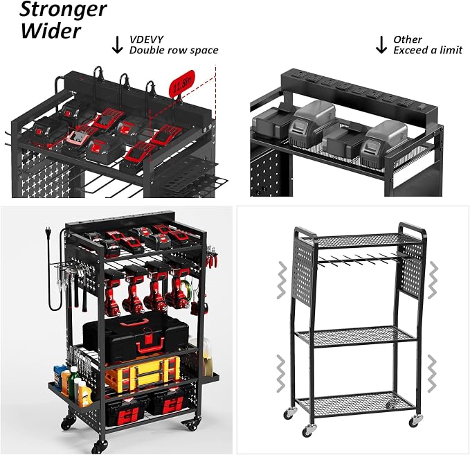 Power Tool Organizer Cart with 8 Charger Ports & Adjustable Storage, Garage - Image 2