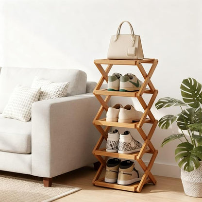 YYW Flat Bamboo Shoe Rack for Entryway, Installation-Free and Folding Vertical - Image 2