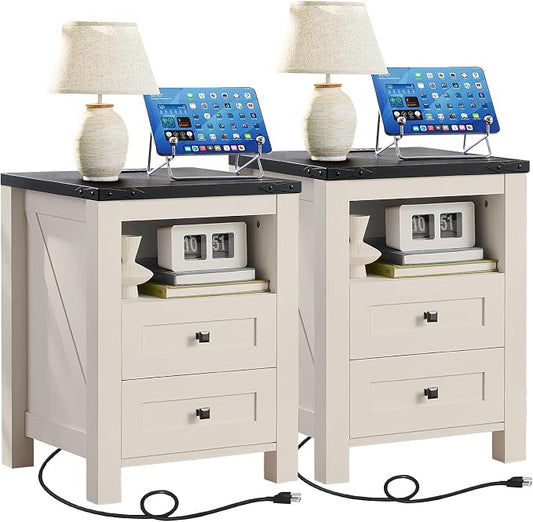 Night Stands with Charging Station Set of 2, Farmhouse Nightstand, Bed Side by Joaxswe