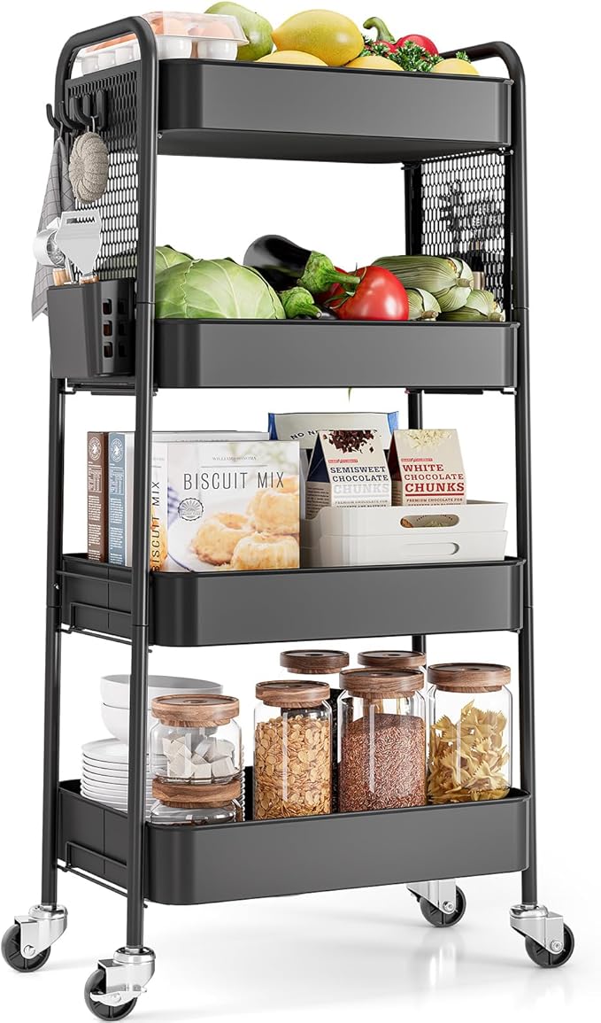TOOLF 4 Tier Rolling Cart with Pegboard, Metal Storage Organizer Cart with by TOOLF