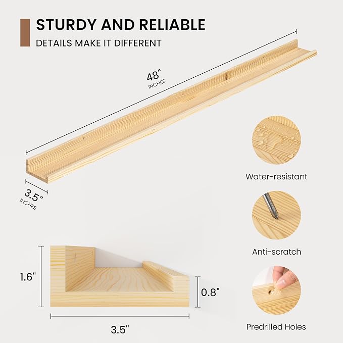 Picture Ledge Shelf, Solid Pine Wood Floating Shelves Set of 2, 48 Inches - Image 3