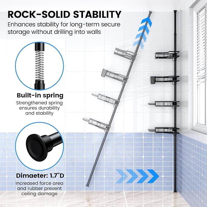 Corner Shower Caddy Tension Pole: 4-Tier Adjustable Rustproof Bathroom - Image 6
