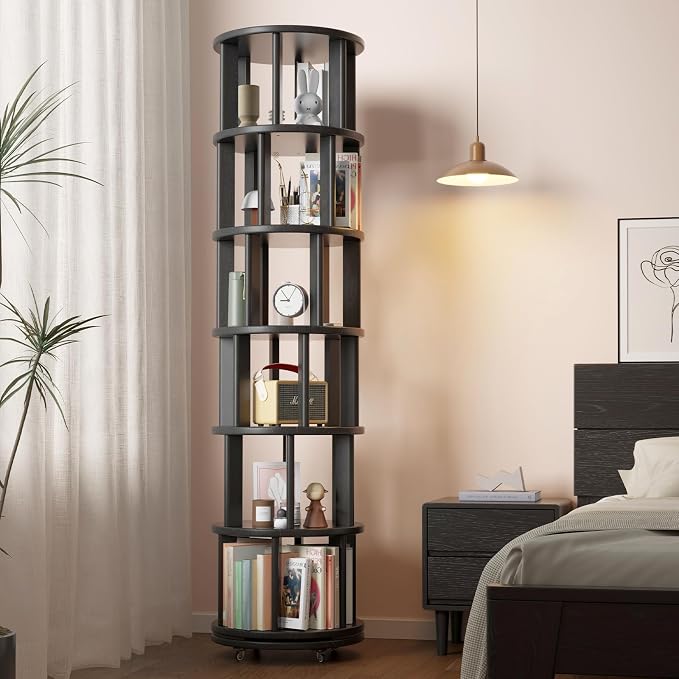Solid Wood Rotating Bookshelf on Wheels, 6 Tier, Round Revolving Bookcase - Image 8