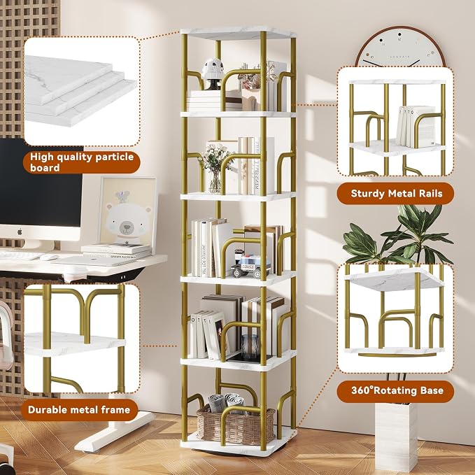 IBUYKE 6 Tier Rotating Bookshelf, Square Bookcases - Image 5