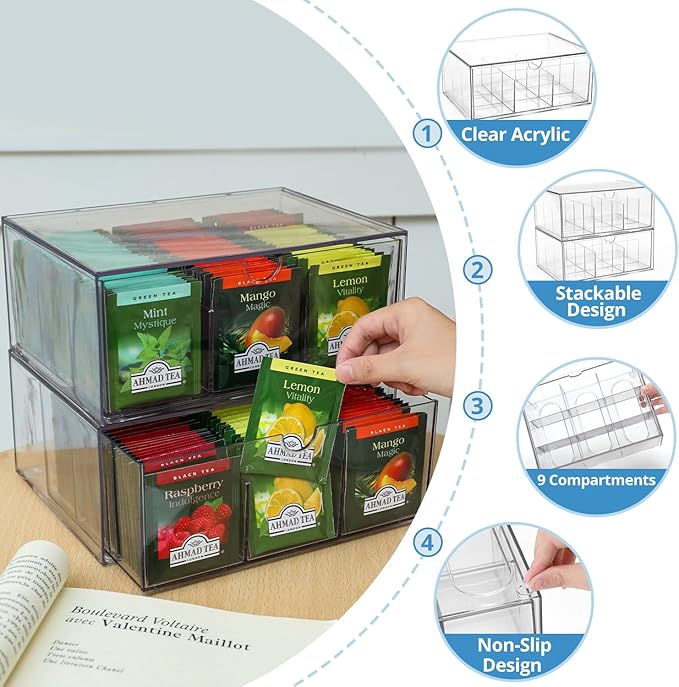 CLUQMEIK 2 Large Acrylic Tea Bag Organizer, 9 Grids Tea Organizers and Storage - Image 4