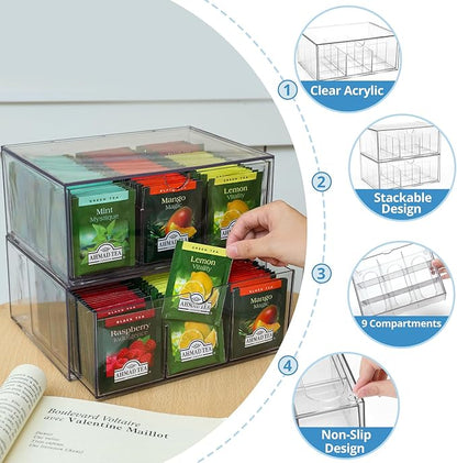 CLUQMEIK 2 Large Acrylic Tea Bag Organizer, 9 Grids Tea Organizers and Storage - Image 4
