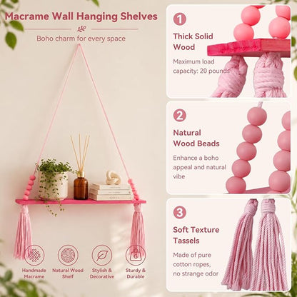 Artilady Macrame Hanging Wall Shelf, Wood Plant Shelf, Crystal Candle Holder - Image 5