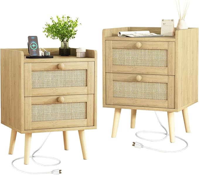 Rattan Nightstand with Charging Station Set of 2, Mid Century Modern Bedside by HUANLEGO