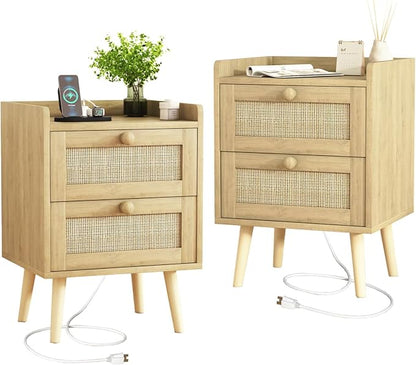 Rattan Nightstand with Charging Station Set of 2, Mid Century Modern Bedside by HUANLEGO