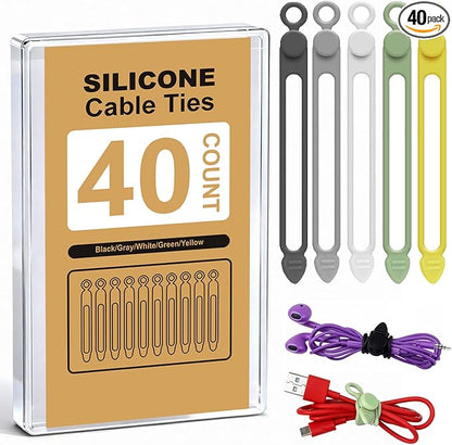 40Pcs Silicone Cable Ties with Box, Reusable Cord Organizer Rope, Elastic Cord by AUFORPET