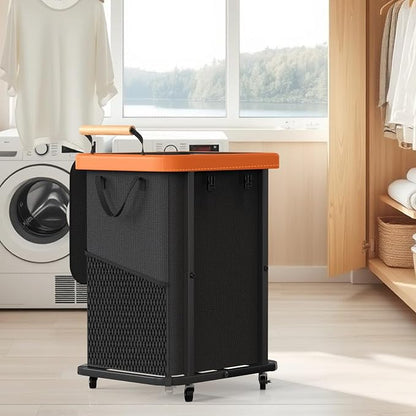 40 Gal Laundry Hamper with Lid, Leather Patchwork Laundry Basket with Rolling - Image 7