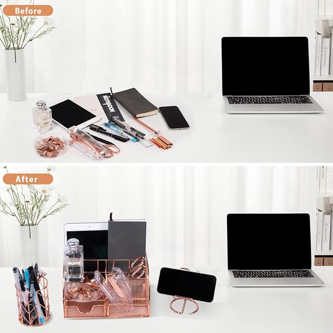 KAAKOW Rose Gold Desk Organizers and Accessories Office Supplies Set Stapler - Image 7