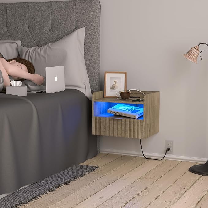 White Floating Nightstand with Charging Station and LED Lights - Image 6