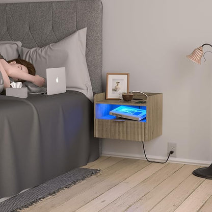 White Floating Nightstand with Charging Station and LED Lights - Image 6