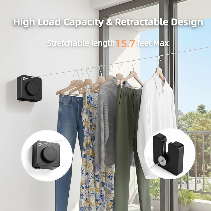15.7Ft Retractable Clothesline Indoor & Outdoor, Heavy Duty Anti-Sag Wall - Image 2