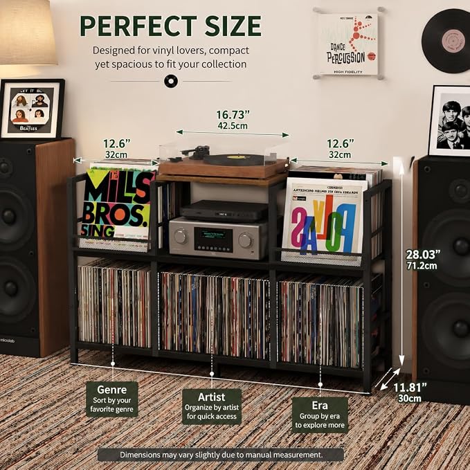 Record Player Stand with Dual Display Bins Storage - Image 5