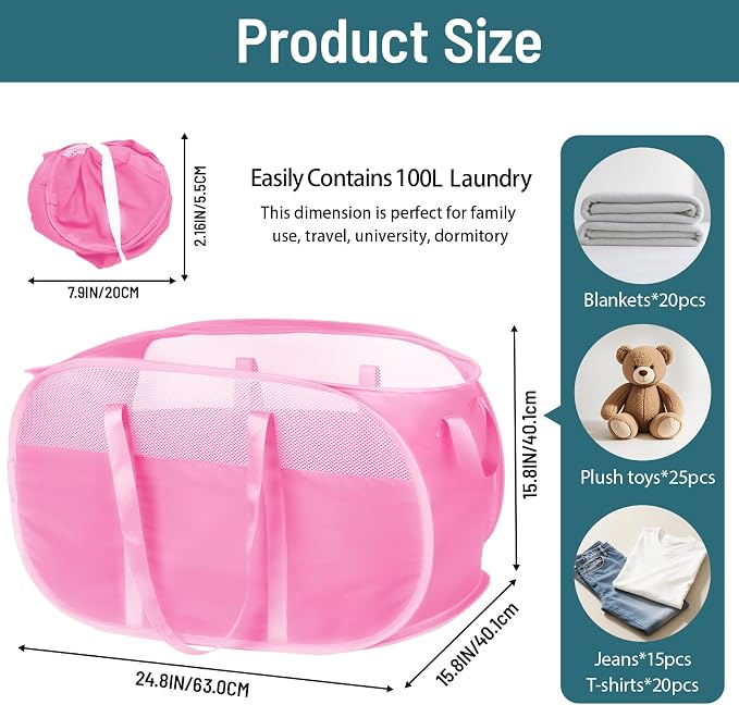 100L Collapsible Laundry Baskets, Tear Proof Pop Up Laundry Hamper - Image 3