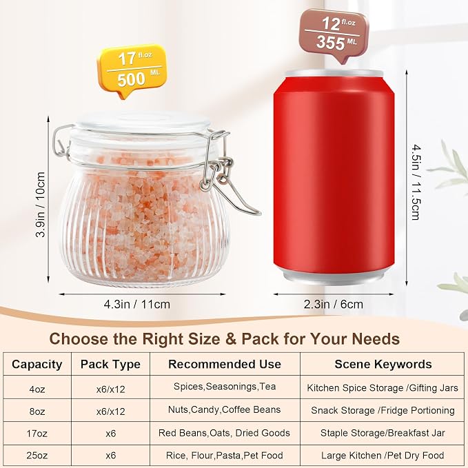 17oz Airtight Glass Jars with Lids, Small Food Storage Container Set of 6 - Image 3