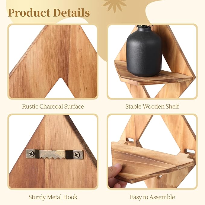 Rhombic Charcoal Shelf, Wooden Planter Wall Shelves Floating, Decorative - Image 2
