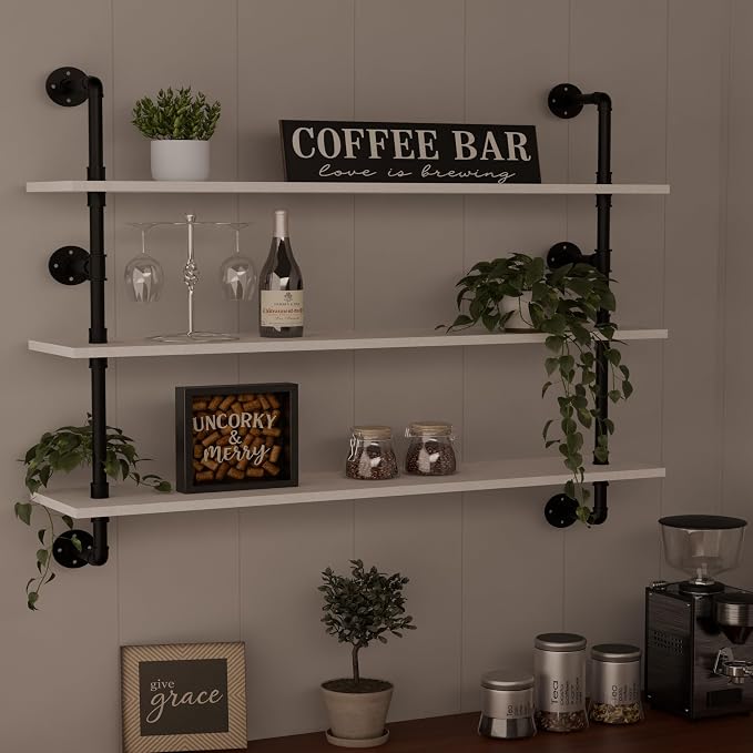 HDDFER Industrial Pipe Shelving Rustic White Pipe Wall Shelves Industrial - Image 4