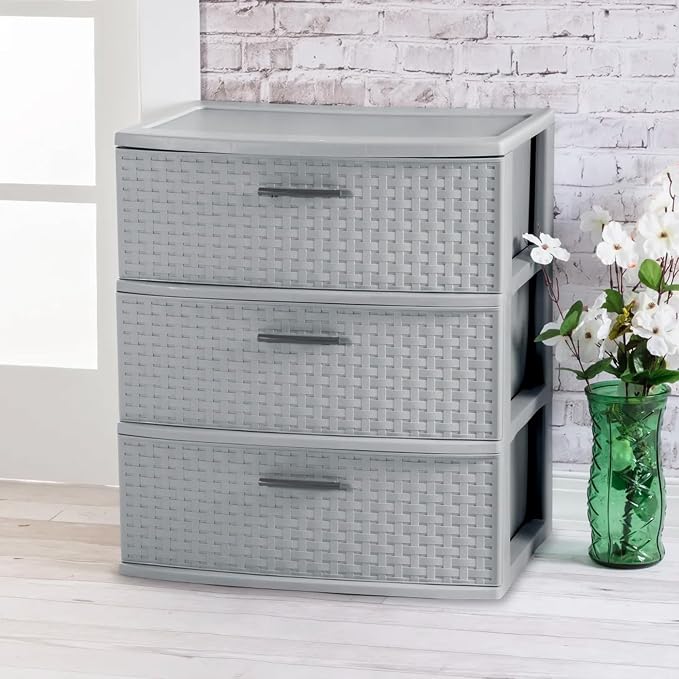 Sterilite 2 Pack 3 Drawer Wide Storage Tower, Weave Organizer, Cement | - Image 4