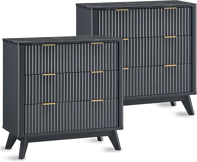 T4TREAM Fluted 3 Drawers Nightstand Set of 2, Oversized Extra Large Modern Side by T4TREAMFurniture