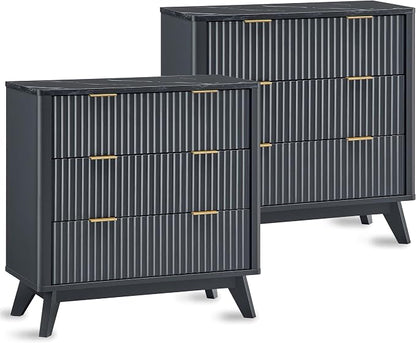 T4TREAM Fluted 3 Drawers Nightstand Set of 2, Oversized Extra Large Modern Side by T4TREAMFurniture