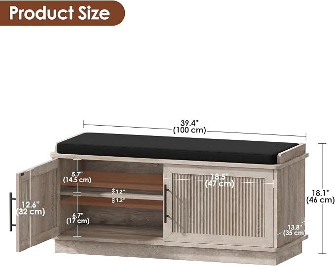 Akxomel 39.4" Fluted Shoe Storage Bench 2 Doors Wooden Entryway Bench Greige - Image 3