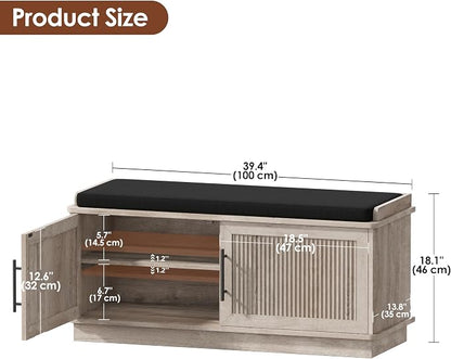 Akxomel 39.4" Fluted Shoe Storage Bench 2 Doors Wooden Entryway Bench Greige - Image 3