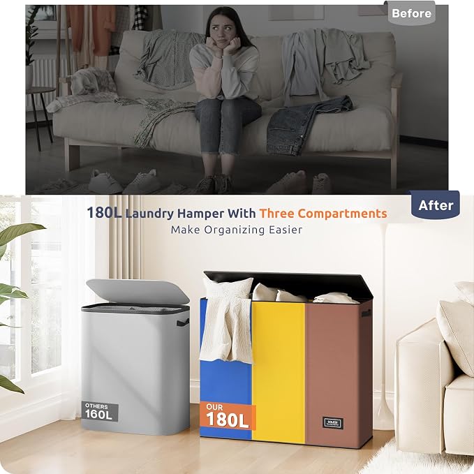 SOLEDI 180L Laundry Hamper 3 Section, Extra Large Laundry Hamper - Image 7