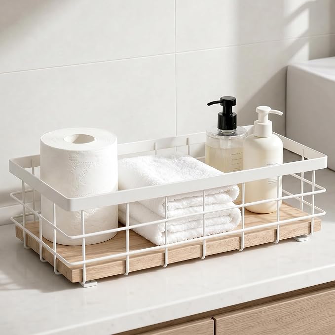 TJ.MOREE Small Metal Wire Basket, Decorative Wood Base Organizer by TJMOREE
