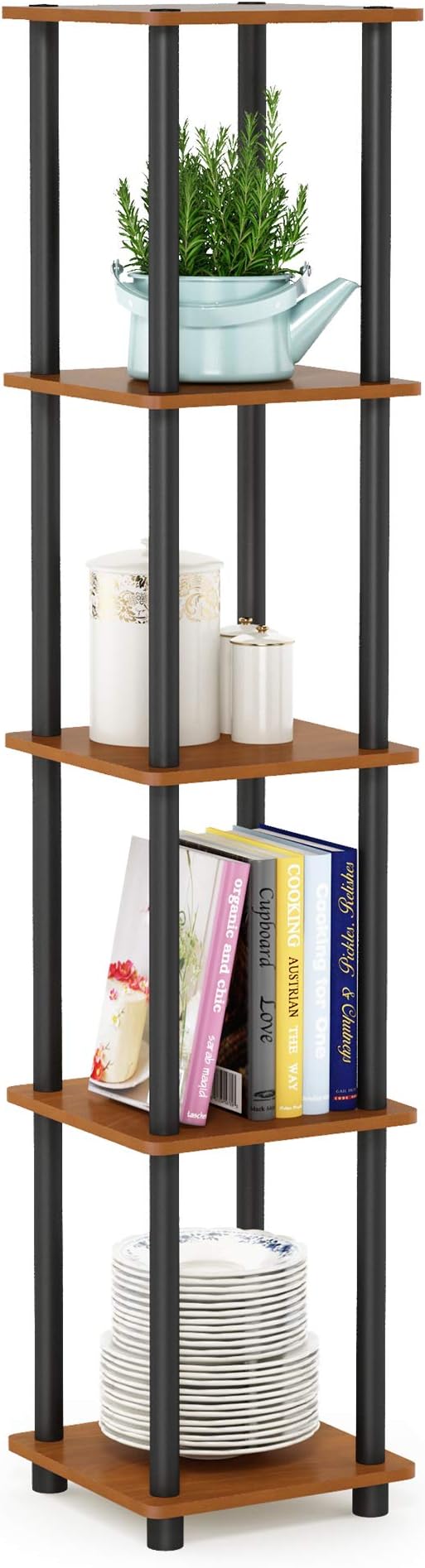 FURINNO Turn-N-Tube 5-Tier Corner Square Rack Display Shelf, Light Cherry/Black by Furinno-FitsYourSpaceFitsYourBudget