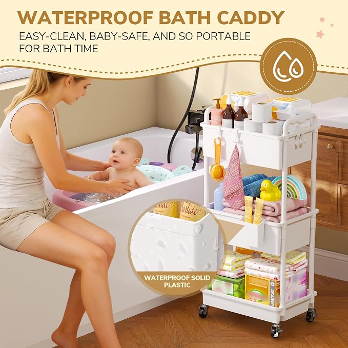 Goovilla Diaper Cart with Lockable Wheels and Easy Assembly, 3 Tier White - Image 3