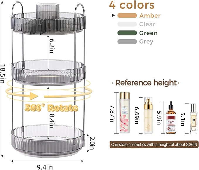 360° Rotating Makeup Organizer, Upgraded 3 Tier Skincare Perfume Organizers - Image 2