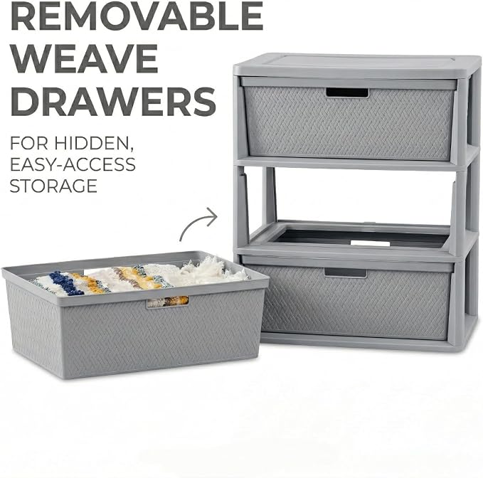 Wide 3-Drawer Plastic Storage Tower, Cross-Weave Decorative Organizer Chest - Image 7