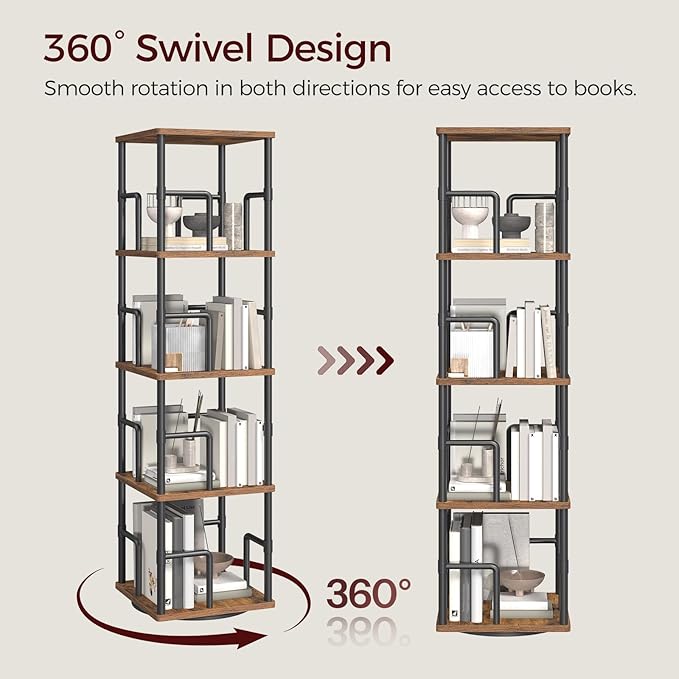 MAHANCRIS 4-Tier Rotating Bookshelf, Freestanding Corner Bookshelf, 360° - Image 5