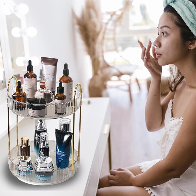 Rotating Makeup Organizer Countertop 2 Tier Lazy Susan Trays Clear Skincare - Image 6