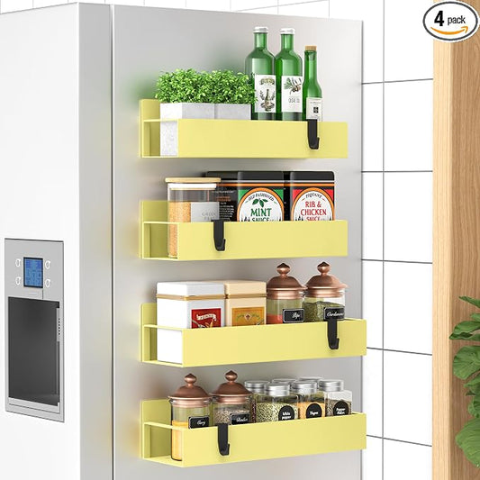 Metal Magnetic Spice Rack for Refrigerator Yellow, 4 Pack | Magnetic Shelves by HuggieGems