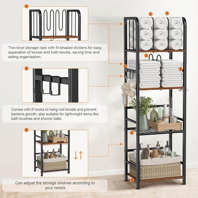 Snughome Towel Rack Free Standing 4-Tier M-Shaped Detachable Dividers, Metal - Image 6