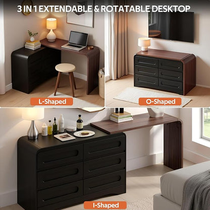 6 Drawer Dresser with Extendable Table, L-Shaped Desk Vanity Combo, Modern - Image 5