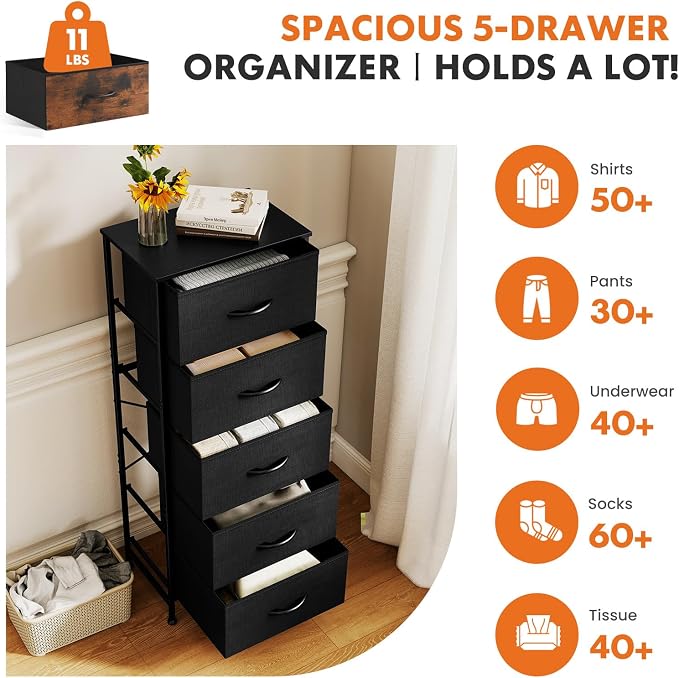 Sweetcrispy Black Storage Drawer Bedroom Dresser, Tall Dresser - Image 4