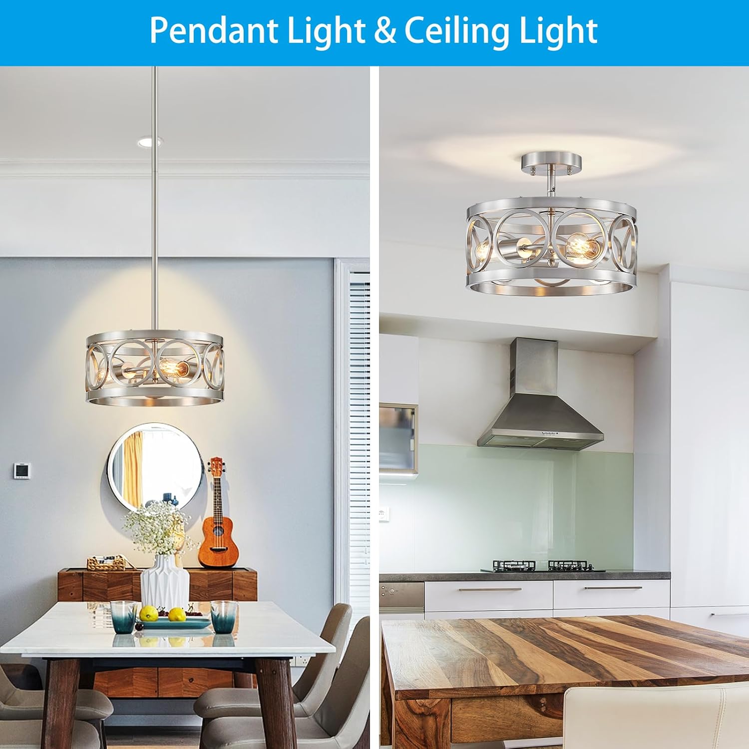XINGQI Nickel Ceiling Light Adjustable Height Pendant Lighting Fixture 3-Light Metal Lamp 13" Rustic Round Lights for Dining Room Kitchen Bedroom Foyer Hallway