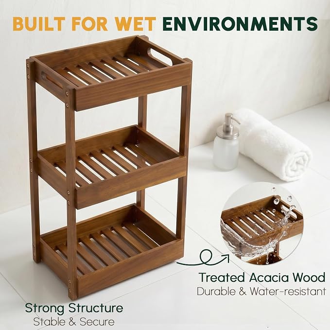 3-Tier Corner Standing Acacia Wood Shower Caddy Organizer | Freestanding corner - Image 6