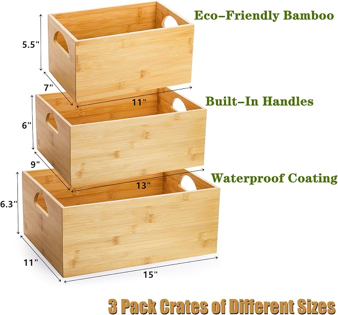 DEAYOU 3 Pack Bamboo Storage Bin, Bamboo Storage Box Crate, Natural Nesting - Image 2