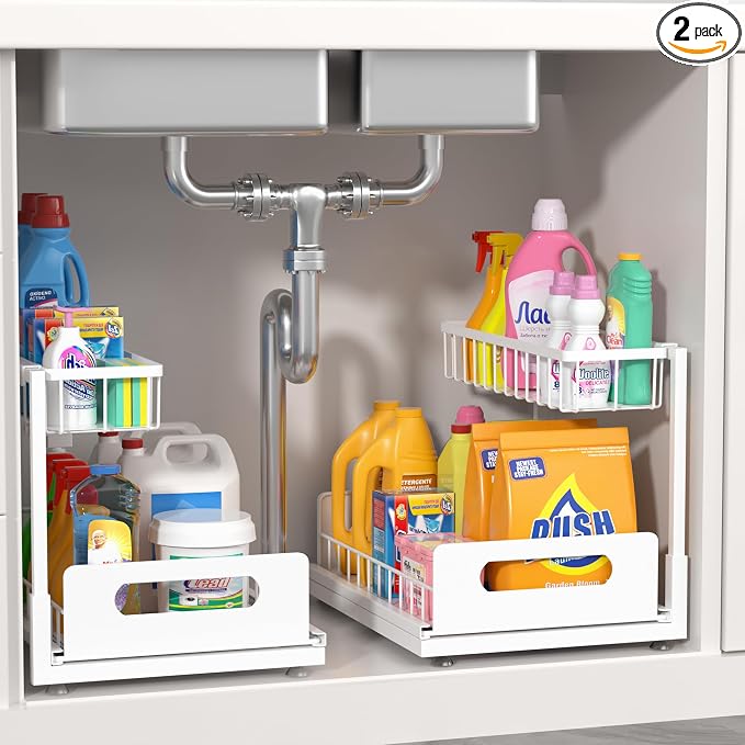 Under Sink Organizer 2 Tier, Pull Out Drawer Slides Under Sink Storage by MERATIA