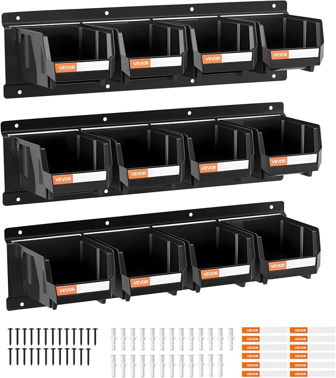 VEVOR Wall Mounted Storage Bins, 12 Plastic Bins & 3 Metal Rails, Plastic by VEVOR