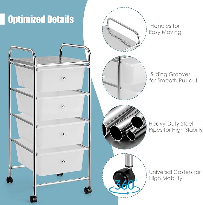 Giantex Rolling Cart with Drawers, Craft Organizer with Wheels, 4 Drawer - Image 5